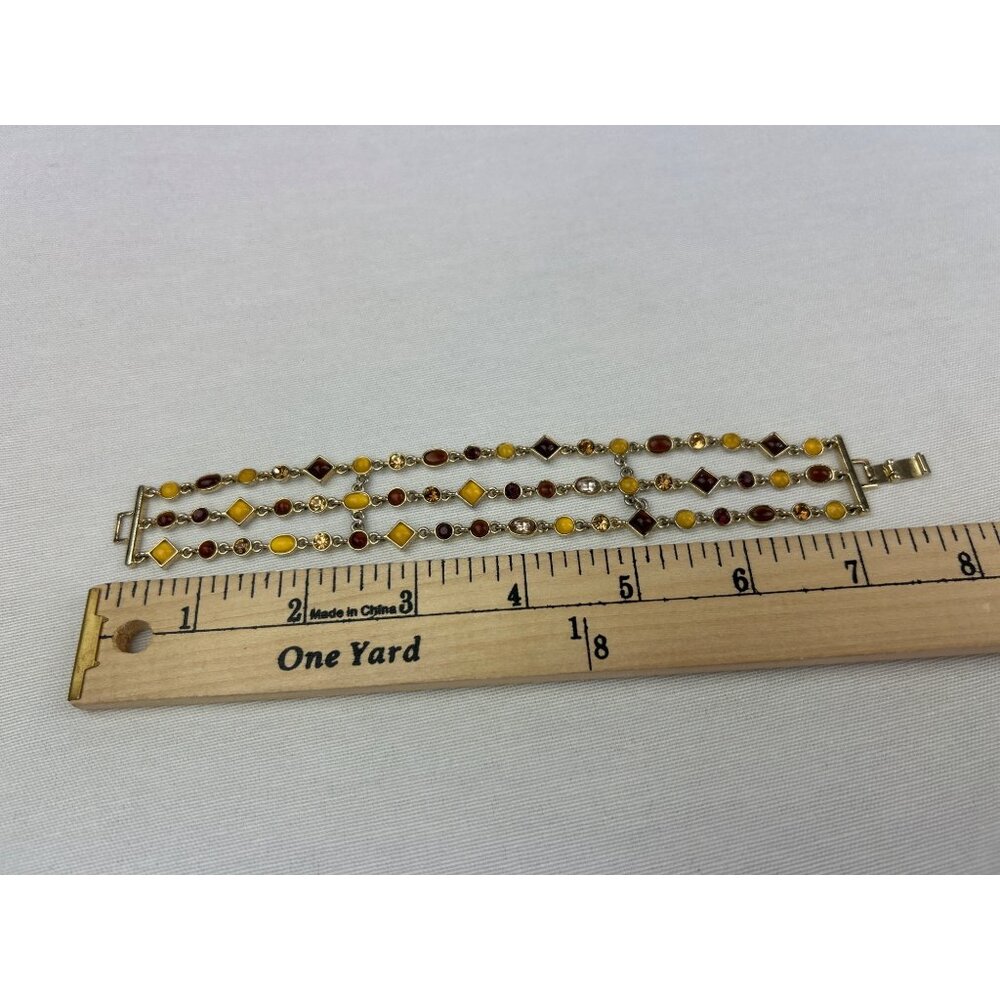 Gold Tone Triple Strand Bracelet Amber Honey Brown Color Gemstones - Picture 6 of 6